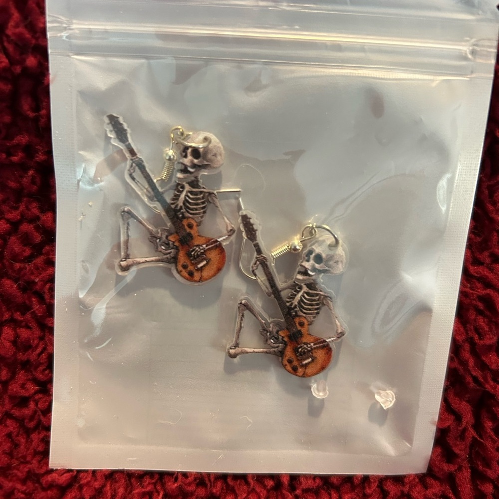 Skeleton Guitar Earrings - Orange & Silver
